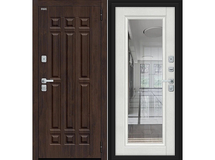 Дверь входная Форм/BChrome Almon/Bianco Melinga, с зеркалом, 2 замка, с ночной задвижкой