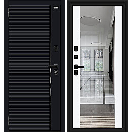 Дверь входная Лайнер/SBlack Black Shell/White Silk, с зеркалом, 2 замка, с ночной задвижкой