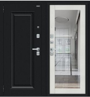 Дверь входная Флэш МФ/BChrome Букле черное/Bianco Melinga, с зеркалом, 2 замка, с ночной задвижкой