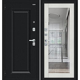 Дверь входная Флэш МФ/BChrome Букле черное/Bianco Melinga, с зеркалом, 2 замка, с ночной задвижкой