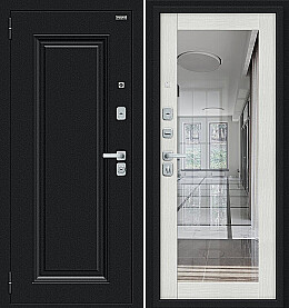 Дверь входная Флэш МФ/BChrome Букле черное/Bianco Melinga, с зеркалом, 2 замка