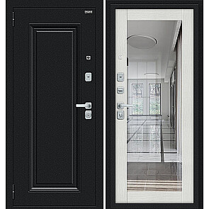 Дверь входная Флэш МФ/BChrome Букле черное/Bianco Melinga, с зеркалом, 2 замка