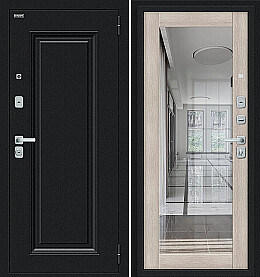 Дверь входная Флэш МФ/BChrome Букле черное/Cappuccino Melinga, с зеркалом, 2 замка