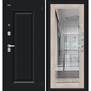 Дверь входная Флэш МФ/BChrome Букле черное/Cappuccino Melinga, с зеркалом, 2 замка, с ночной задвижкой