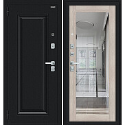 Дверь входная Флэш МФ/BChrome Букле черное/Cappuccino Melinga, с зеркалом, 2 замка, с ночной задвижкой