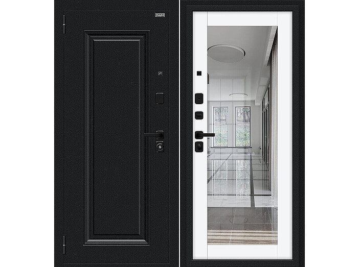 Дверь входная Флэш МФ/SBlack Букле черное/White Silk, с зеркалом, 2 замка, с ночной задвижкой