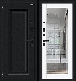 Дверь входная Флэш МФ/SBlack Букле черное/White Silk, с зеркалом, 2 замка