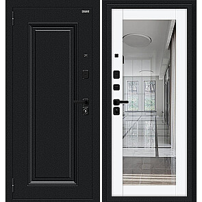 Дверь входная Флэш МФ/SBlack Букле черное/White Silk, с зеркалом, 2 замка