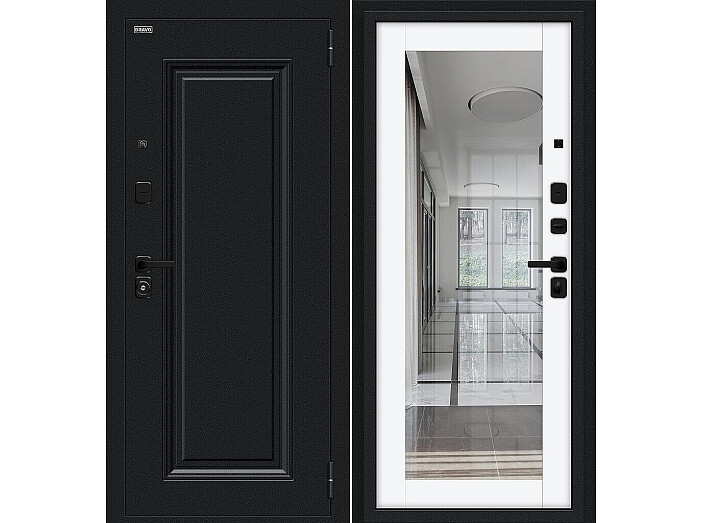 Дверь входная Флэш МФ/SBlack Букле черное/White Silk, с зеркалом, 2 замка, с ночной задвижкой