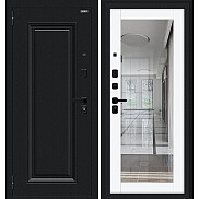 Дверь входная Флэш МФ/SBlack Букле черное/White Silk, с зеркалом, 2 замка, с ночной задвижкой