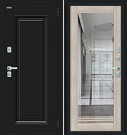 Дверь входная Thermo Флэш МФ/BChrome с терморазрывом Букле черное/Cappuccino Melinga, с зеркалом, 2 замка