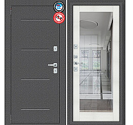 Дверь входная Porta T2 104/П15 с терморазрывом Антик Серебро/Bianco Veralinga, с зеркалом, 2 замка, с ночной задвижкой