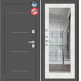 Дверь входная Porta T2 104/П15 с терморазрывом Антик Серебро/Bianco Veralinga, с зеркалом, 2 замка, с ночной задвижкой