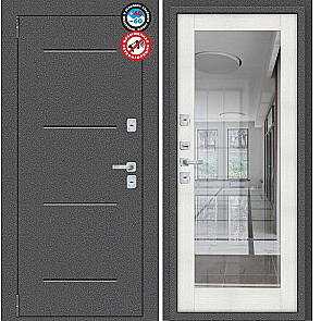 Дверь входная Porta T2 104/П15 с терморазрывом Антик Серебро/Bianco Veralinga, с зеркалом, 2 замка, с ночной задвижкой