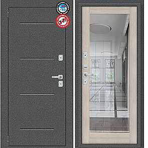 Дверь входная Porta T2 104/П15 с терморазрывом Антик Серебро/Cappuccino Veralinga, с зеркалом, 2 замка, с ночной задвижкой