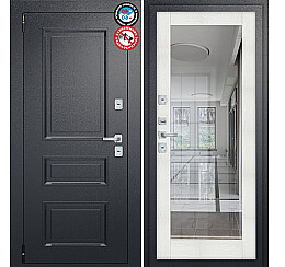 Дверь входная Porta T4 403/П15 с терморазрывом Букле Черный/Bianco Veralinga, с зеркалом, 2 замка, с ночной задвижкой