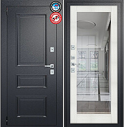 Дверь входная Porta T4 403/П15 с терморазрывом Букле Черный/Bianco Veralinga, с зеркалом, 2 замка, с ночной задвижкой