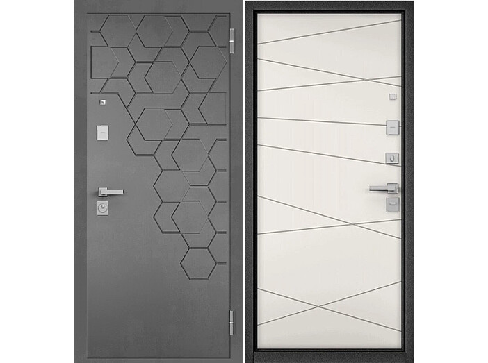 Дверь входная City Max PP 184/130 МДФ Бетон серый, 184/МДФ Эмаль белоснежная, 130, 2 замка, с ночной задвижкой