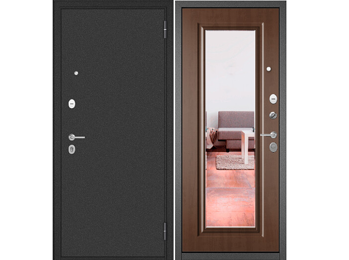 Дверь входная Фэмели Эко МП E-140 Задвижка Антрацит букле/Карамель, с зеркалом, 2 замка, с ночной задвижкой