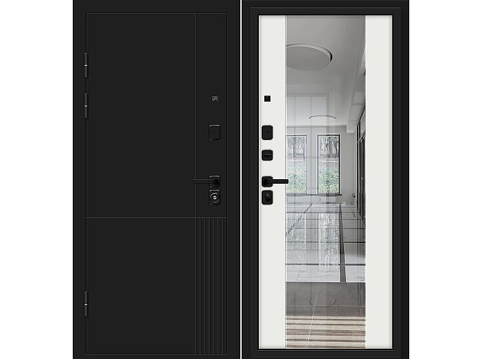 Дверь входная Optim Z-2 Муар черный/Белый, с зеркалом, 2 замка, с ночной задвижкой