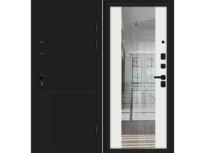 Дверь входная Optim Z-2 Муар черный/Белый, с зеркалом, 2 замка, с ночной задвижкой