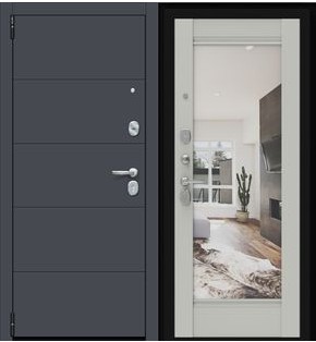 Дверь входная Porta R-3 4/K41 Graphite Pro/Nardo Grey, с зеркалом, 2 замка, с ночной задвижкой