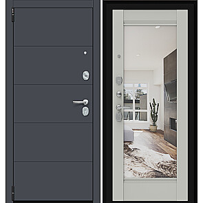 Дверь входная Porta R-3 4/K41 Graphite Pro/Nardo Grey, с зеркалом, 2 замка