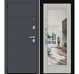 Дверь входная Porta R-3 4/K41 Graphite Pro/Nardo Grey, с зеркалом, 2 замка, с ночной задвижкой