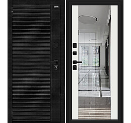 Дверь входная Лайнер-3 Black Carbon/Off-white, с зеркалом, 2 замка