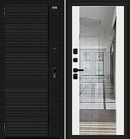 Дверь входная Лайнер-3 Black Carbon/Off-white, с зеркалом, 2 замка