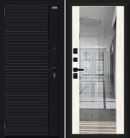 Дверь входная Лайнер-3 Total Black/Nordic Oak, с зеркалом, 2 замка