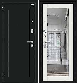 Дверь входная Флэш 119.Б15 Букле черное/Off-white, с зеркалом, 2 замка