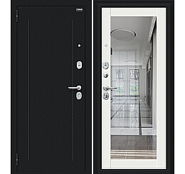 Дверь входная Флэш Kale Букле черное/Off-white, с зеркалом, 2 замка, с ночной задвижкой