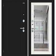 Дверь входная Флэш Kale Букле черное/Off-white, с зеркалом, 2 замка, с ночной задвижкой