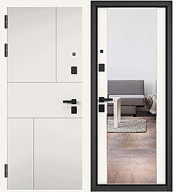 Дверь входная City Max PP 182/164 (чёрная фурнитура), с зеркалом Белый софт, 182/Белый софт, 164 mirror, 2 замка, с ночной задвижкой