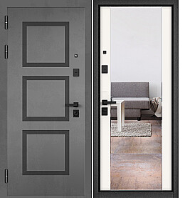 Дверь входная City Max PP 190/164 (чёрная фурнитура), с зеркалом Бетон серый, 190/Белый матовый, 164 mirror, 2 замка, с ночной задвижкой