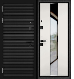 Дверь входная City Max PP 181/Si-4 (чёрная фурнитура), с зеркалом Чёрный матовый, 181/Белый софт, Si-4 Lakobel Black, 2 замка, с ночной задвижкой