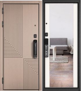 Дверь входная Сити Макс Ай Кью ПП 195 Сsmart/164 mirror Дуб кофейный матовый/Эмаль белоснежная, с зеркалом, 2 замка