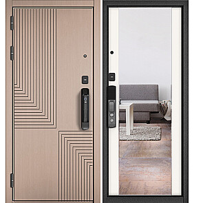 Дверь входная Сити Макс Ай Кью ПП 195 Сsmart/164 mirror Дуб кофейный матовый/Эмаль белоснежная, с зеркалом, 2 замка