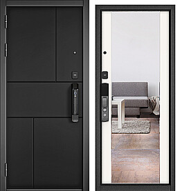 Дверь входная City Max IQ PP 182/164, с зеркалом Чёрный матовый, 182 Сsmart/Белый софт, 164 mirror, 2 замка