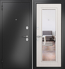 Дверь входная Family Eco MP E-140, с зеркалом Антрацит букле/Бьянко ларче, E-140 mirror, 2 замка