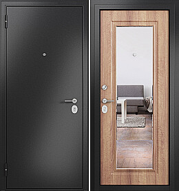 Дверь входная Family Eco MP E-140, с зеркалом Антрацит букле/Карамель, E-140 mirror, 1 замок, с ночной задвижкой