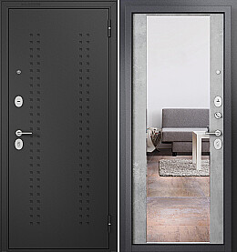 Дверь входная Family Eco MP E-164, с зеркалом R-2, Черный муар металлик/Бетон серый, E-164 mirror, 2 замка, с ночной задвижкой