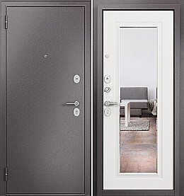 Дверь входная Family Eco MP E-140, с зеркалом Шоколад букле/Белый ларче, E-140 mirror, 2 замка, с ночной задвижкой