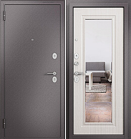 Дверь входная Family Eco MP E-140, с зеркалом Шоколад букле/Бьянко ларче, E-140 mirror, 2 замка, с ночной задвижкой