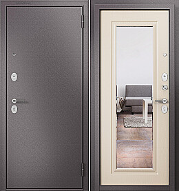 Дверь входная Family Eco MP E-140, с зеркалом Шоколад букле/Дуб кофейный матовый E-140 mirror, 2 замка, с ночной задвижкой