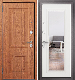 Дверь входная Family Eco PP E-105/E-140, с зеркалом E-105, Дуб золотой/Белый ларче, E-140 mirror, 2 замка