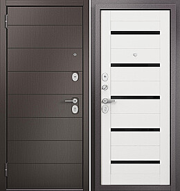 Дверь входная Family Eco PP E-135/E-142 Lakobel Black E-135, Шоколад ларче/Белый ларче, E-142 Lakobel Black, 2 замка, с ночной задвижкой