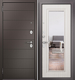 Дверь входная Family Eco PP E-135/E-140, с зеркалом E-135, Шоколад ларче/Бьянко ларче, E-140 mirror, 2 замка, с ночной задвижкой