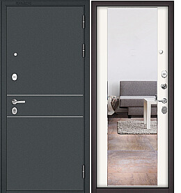 Дверь входная Family Mass MP D-16/M-164 (порог), с зеркалом Черный муар металлик (порог), D-16/Белый софт, M-164 mirror, 2 замка